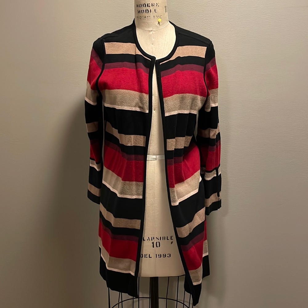 Chico’s Reversible striped cardigan (black, tan, red, purple) - Picture 2 of 6